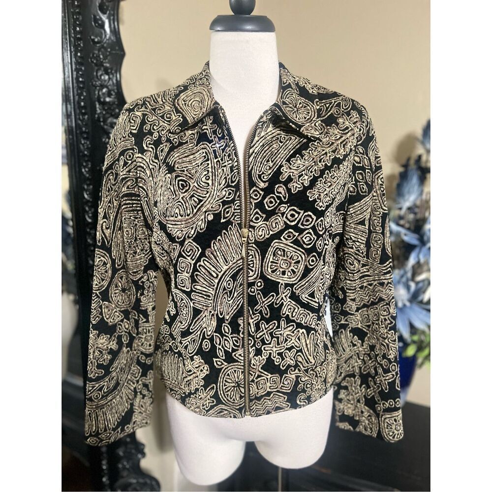 Lorizoni Black Gold Brocade Jacket Women’s XS Ornate Baroque Rhinestone Zip Blaz